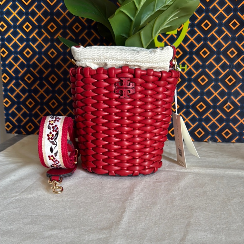 NWT Emerson Warm Red Woven mini Bucket Bag with Embroidered Strap